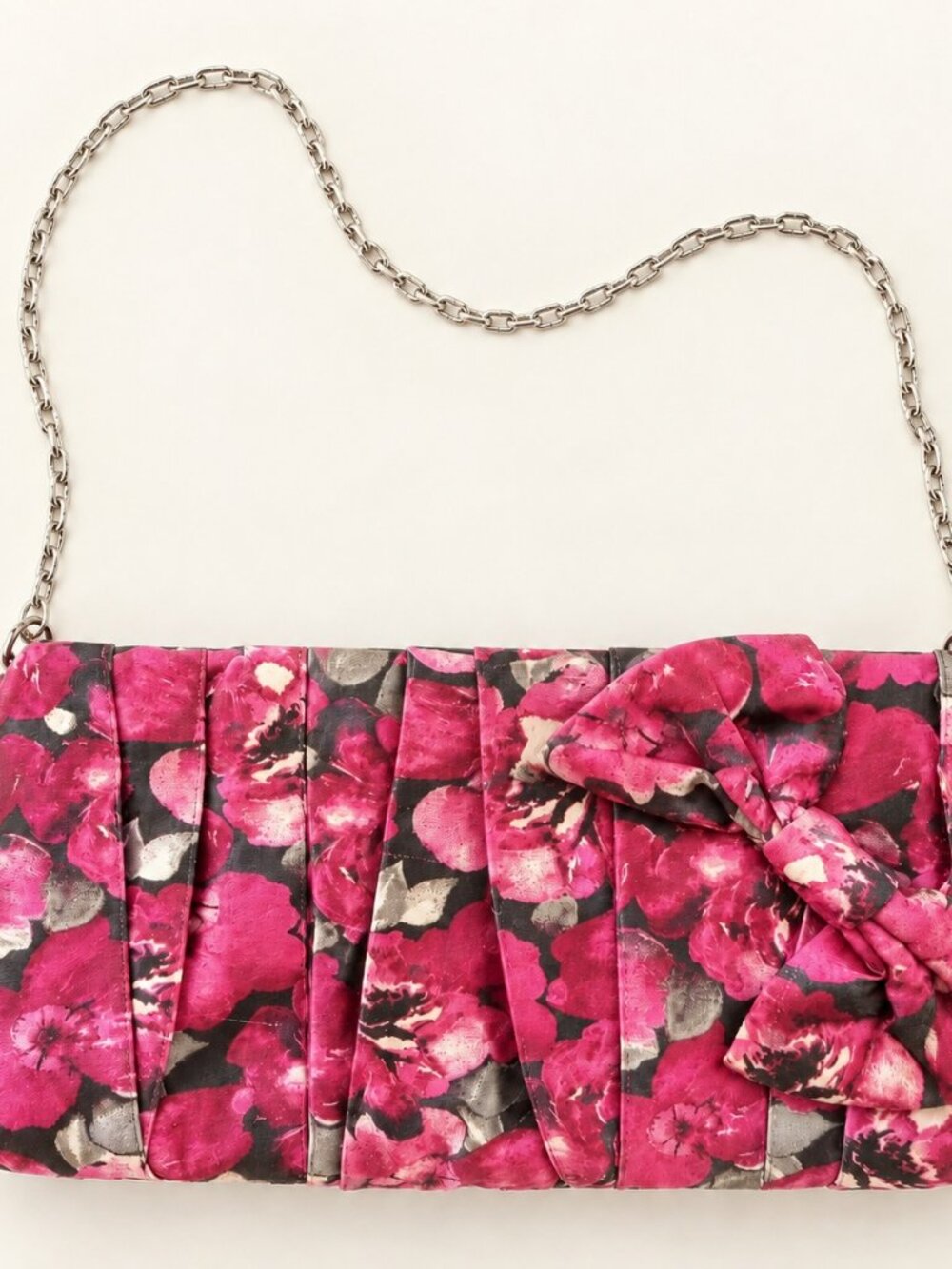 White House Black Market Pink Floral Bow Clutch with Chain Strap